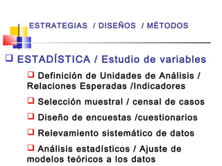 ESTRATEGIAS / DISEÑOS / MÉTODOS

 ESTADÍSTICA / Estudio de variables
 Definición de Unidades de Análisis /
Relaciones Esperadas /Indicadores
 Selección muestral / censal de casos
 Diseño de encuestas /cuestionarios
 Relevamiento sistemático de datos
 Análisis estadísticos / Ajuste de
modelos teóricos a los datos

 