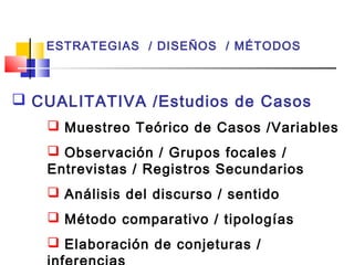ESTRATEGIAS / DISEÑOS / MÉTODOS

 CUALITATIVA /Estudios de Casos
 Muestreo Teórico de Casos /Variables
 Observación / Grupos focales /
Entrevistas / Registros Secundarios
 Análisis del discurso / sentido
 Método comparativo / tipologías
 Elaboración de conjeturas /

 