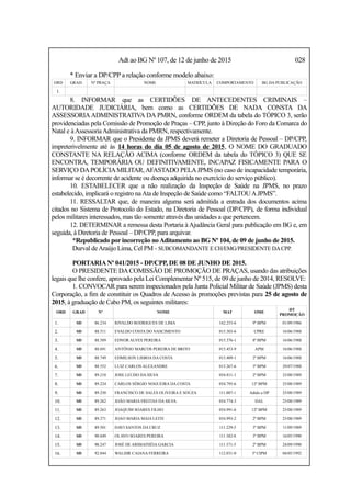 Adt ao BG Nº 107, de 12 de junho de 2015 028
* Enviar a DP/CPP a relação conforme modelo abaixo:
ORD GRAD Nº PRAÇA NOME MATRÍCULA COMPORTAMENTO BG DA PUBLICAÇÃO
1.
8. INFORMAR que as CERTIDÕES DE ANTECEDENTES CRIMINAIS –
AUTORIDADE JUDICIÁRIA, bem como as CERTIDÕES DE NADA CONSTA DA
ASSESSORIAADMINISTRATIVA DA PMRN, conforme ORDEM da tabela do TÓPICO 3, serão
providenciadas pela Comissão de Promoção de Praças – CPP, junto à Direção do Foro da Comarca do
Natal e àAssessoriaAdministrativa da PMRN, respectivamente.
9. INFORMAR que o Presidente da JPMS deverá remeter a Diretoria de Pessoal – DP/CPP,
impreterivelmente até às 14 horas do dia 05 de agosto de 2015, O NOME DO GRADUADO
CONSTANTE NA RELAÇÃO ACIMA (conforme ORDEM da tabela do TÓPICO 3) QUE SE
ENCONTRA, TEMPORÁRIA OU DEFINITIVAMENTE, INCAPAZ FISICAMENTE PARA O
SERVIÇO DAPOLÍCIAMILITAR,AFASTADO PELAJPMS (no caso de incapacidade temporária,
informar se é decorrente de acidente ou doença adquirida no exercício do serviço público).
10. ESTABELECER que a não realização da Inspeção de Saúde na JPMS, no prazo
estabelecido, implicará o registro naAta de Inspeção de Saúde como “FALTOUAJPMS”.
11. RESSALTAR que, de maneira alguma será admitida a entrada dos documentos acima
citados no Sistema de Protocolo do Estado, na Diretoria de Pessoal (DP/CPP), de forma individual
pelos militares interessados, mas tão somente através das unidades a que pertencem.
12. DETERMINAR a remessa desta Portaria àAjudância Geral para publicação em BG e, em
seguida, à Diretoria de Pessoal – DP/CPP, para arquivar.
*Republicado por incorreção noAditamento ao BG Nº 104, de 09 de junho de 2015.
Durval deAraújo Lima, Cel PM - SUBCOMANDANTE E CH/EMG/PRESIDENTE DACPP.
PORTARIANº 041/2015 - DP/CPP, DE 08 DE JUNHO DE 2015.
O PRESIDENTE DACOMISSÃO DE PROMOÇÃO DE PRAÇAS, usando das atribuições
legais que lhe confere, aprovado pela Lei Complementar Nº 515, de 09 de junho de 2014, RESOLVE:
1. CONVOCAR para serem inspecionados pela Junta Policial Militar de Saúde (JPMS) desta
Corporação, a fim de constituir os Quadros de Acesso às promoções previstas para 25 de agosto de
2015, à graduação de Cabo PM, os seguintes militares:
ORD GRAD Nº NOME MAT OME
DT
PROMOÇÃO
1. SD 86.234 RIVALDO RODRIGUES DE LIMA 162.253-6 9º BPM 01/09/1986
2. SD 88.511 EVALDO COSTA DO NASCIMENTO 015.303-6 CPRE 16/06/1988
3. SD 88.589 EDNOR ALVES PEREIRA 015.376-1 8º BPM 16/06/1988
4. SD 88.691 ANTÔNIO MARCOS PEREIRA DE BRITO 015.453-9 APM 16/06/1988
5. SD 88.749 EDMILSON LISBOA DA COSTA 015.409-1 2º BPM 16/06/1988
6. SD 88.552 LUIZ CARLOS ALEXANDRE 015.267-6 3º BPM 29/07/1988
7. SD 89.210 JOSE LEUDO DA SILVA 054.811-1 2º BPM 25/08/1989
8. SD 89.224 CARLOS SÉRGIO NOGUEIRA DA COSTA 054.795-6 12º BPM 25/08/1989
9. SD 89.250 FRANCISCO DE SALES OLIVEIRA E SOUZA 111.007-1 Adido a DP 25/08/1989
10. SD 89.262 JOÃO MARIA FREITAS DA SILVA 054.774-3 DAL 25/08/1989
11. SD 89.263 JOAQUIM SOARES FILHO 054.991-6 12º BPM 25/08/1989
12. SD 89.271 JOAO MARIA MAIA LEITE 054.993-2 2º BPM 25/08/1989
13. SD 89.501 DAVI SANTOS DA CRUZ 111.229-5 3º BPM 11/09/1989
14. SD 90.049 OLAVO SOARES PEREIRA 111.382-8 3º BPM 16/05/1990
15. SD 90.247 JOSÉ DE ARIMATHÉIA GARCIA 111.571-5 2º BPM 24/09/1990
16. SD 92.044 WALDIR CAIANA FERREIRA 112.031-0 5ª CIPM 04/05/1992
 
