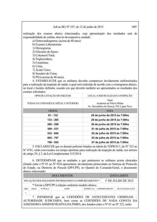 Adt ao BG Nº 107, de 12 de junho de 2015 049
realização dos exames abaixo relacionados, cuja apresentação dos resultados será de
responsabilidade do militar, através da respectiva unidade:
a) Eletrocardiograma; (acima de 40 anos)
b) Exames Laboratoriais:
1) Hemograma;
2) Glicemia de Jejum;
3) Colesterol Total;
4) Triglicerídeos;
5) Creatinina;
6) Uréia;
7) Ácido Úrico;
8) Sumário de Urina;
9) PSA(acima de 40 anos).
4. ESTABELECER que os militares deverão comparecer devidamente uniformizados
para a realização da inspeção de saúde, a qual será realizada de acordo com o cronograma abaixo,
no local e horário definido, ocasião em que deverão também ser apresentados os resultados dos
exames solicitados:
OPM DE LOTAÇÃO DO MILITAR LOCALASER REALIZADAAINSPEÇÃO
TODASAS UNIDADES (CAPITALE INTERIOR)
Natal
Academia de Polícia Militar
Av.Alexandrino deAlencar, 959, Lagoa Nova
ORDEM DATA
01 - 132 26 de junho de 2015 às 7:00hs
133 - 265 29 de junho de 2015 às 7:00hs
266 - 398 30 de junho de 2015 às 7:00hs
399 - 531 01 de julho de 2015 às 7:00hs
532 - 664 02 de julho de 2015 às 7:00hs
665 - 797 03 de julho de 2015 às 7:00hs
798 - 924 07 de julho de 2015 às 7:00hs
5. ESCLARECER que os demais policiais listados na tabela do TÓPICO 1, do Nº 323 ao
Nº 4741, serão convocados em tempo oportuno para realização da inspeção de saúde, nos termos
do artigo 29, § 2, da Lei Complementar 515/2014.
6. DETERMINAR que as unidades a que pertencem os militares acima elencados
(listado entre o Nº 01 ao Nº 924) apresentem, devidamente protocolado no Sistema de Protocolo
do Estado, na Diretoria de Pessoal (DP/CPP), no Quartel do Comando-Geral, o documento
abaixo relacionado:
DOCUMENTOS DATALIMITE
RELAÇÃO DOS SOLDADOS INFORMANDO O COMPORTAMENTO * 1º DE JULHO DE 2015
* Enviar a DP/CPP a relação conforme modelo abaixo:
ORD GRAD NºPRAÇA NOME MATRÍCULA COMPORTAMENTO BGDAPUBLICAÇÃO
1.
7. INFORMAR que as CERTIDÕES DE ANTECEDENTES CRIMINAIS –
AUTORIDADE JUDICIÁRIA, bem como as CERTIDÕES DE NADA CONSTA DA
ASSESSORIAADMINISTRATIVADAPMRN, dos listados entre o Nº 01 ao Nº 322, serão
 