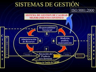 HJ & ASOCIADOS 4
SISTEMAS DE GESTIÓN
Entradas Salidas
Responsabilidad
Gerencial
Administración
de Recursos
Medición.
análisis,
mejoramiento
Ejecución del
Producto
(y/o Servicio)
Producto/
Servicio
R
e
q
u
i
s
i
t
o
s
C
l
i
e
n
t
e
C
l
i
e
n
t
e
S
a
t
i
s
f
a
c
c
i
ó
n
SISTEMA DE GESTION DE CALIDAD
MEJORAMIENTO CONTINUO
5
6
7
8
ISO 9001:2000
 
