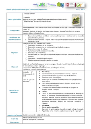 Planificaçãodeatividade–Projeto“Todosjuntospodemosler” 2012| 2013
Título aglutinador
A cor das palavras
1.ºPeríodo
Associa...