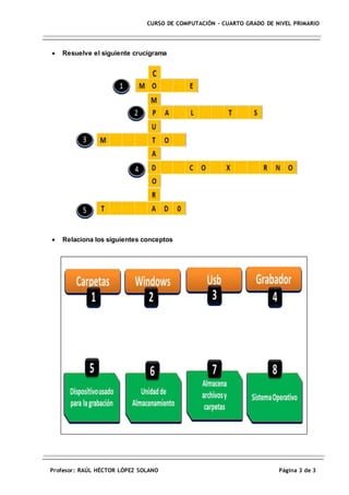 Profesor: RAÚL HÉCTOR LÓPEZ SOLANO Página 3 de 3
CURSO DE COMPUTACIÓN – CUARTO GRADO DE NIVEL PRIMARIO
 Resuelve el siguiente crucigrama
 Relaciona los siguientes conceptos
 