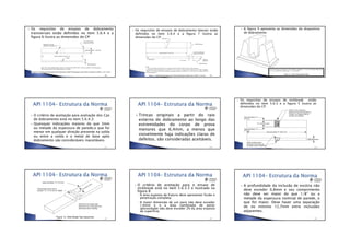 •13/06/2012
•4
Os requisitos de ensaios de dobramento
transversais estão definidos no item 5.6.4 e a
figura 6 ilustra as dimensões do CP:
•168
Os requisitos de ensaios de dobramento laterais estão
definidos no item 5.6.4 e a figura 7 ilustra as
dimensões do CP:
•169
A figura 9 apresenta as dimensões do dispositivo
de dobramento:
•170
O critério de aceitação para avaliação dos Cps
de dobramento está no item 5.6.4.3:
Quaisquer indicações maiores do que 3mm
ou metade da espessura de parede,o que for
menor em qualquer direção presente na solda
ou entre a solda e o metal de base após
dobramento são consideráveis inaceitáveis.
•171
Trincas originais a partir do raio
externo do dobramento ao longo das
extremidades do corpo de prova
menores que 6,4mm, a menos que
visivelmente haja indicações claras de
defeitos, são consideradas aceitáveis.
•172
Os requisitos de ensaios de nickbreak estão
definidos no item 5.6.3 e a figura 5 ilustra as
dimensões do CP:
•173
•174
O critério de aceitação para o ensaio de
nickbreak está no item 5.6.3.3 e ilustrado na
figura 8:
◦ A área exposta da fratura deve apresentar fusão e
penetração completa;
◦ A maior dimensão de um poro não deve exceder
1,6mm e e a área combinada de poros
(porosidade) não deve exceder 2% da área exposta
da superfície;
•175
A profundidade da inclusão de escória não
deve exceder 0,8mm e seu comprimento
não deve ser maior do que 1/8” ou a
metade da espessura nominal de parede, o
que for maior. Deve haver uma separação
de no mínimo 12,7mm entre inclusões
adjacentes.
•176
 
