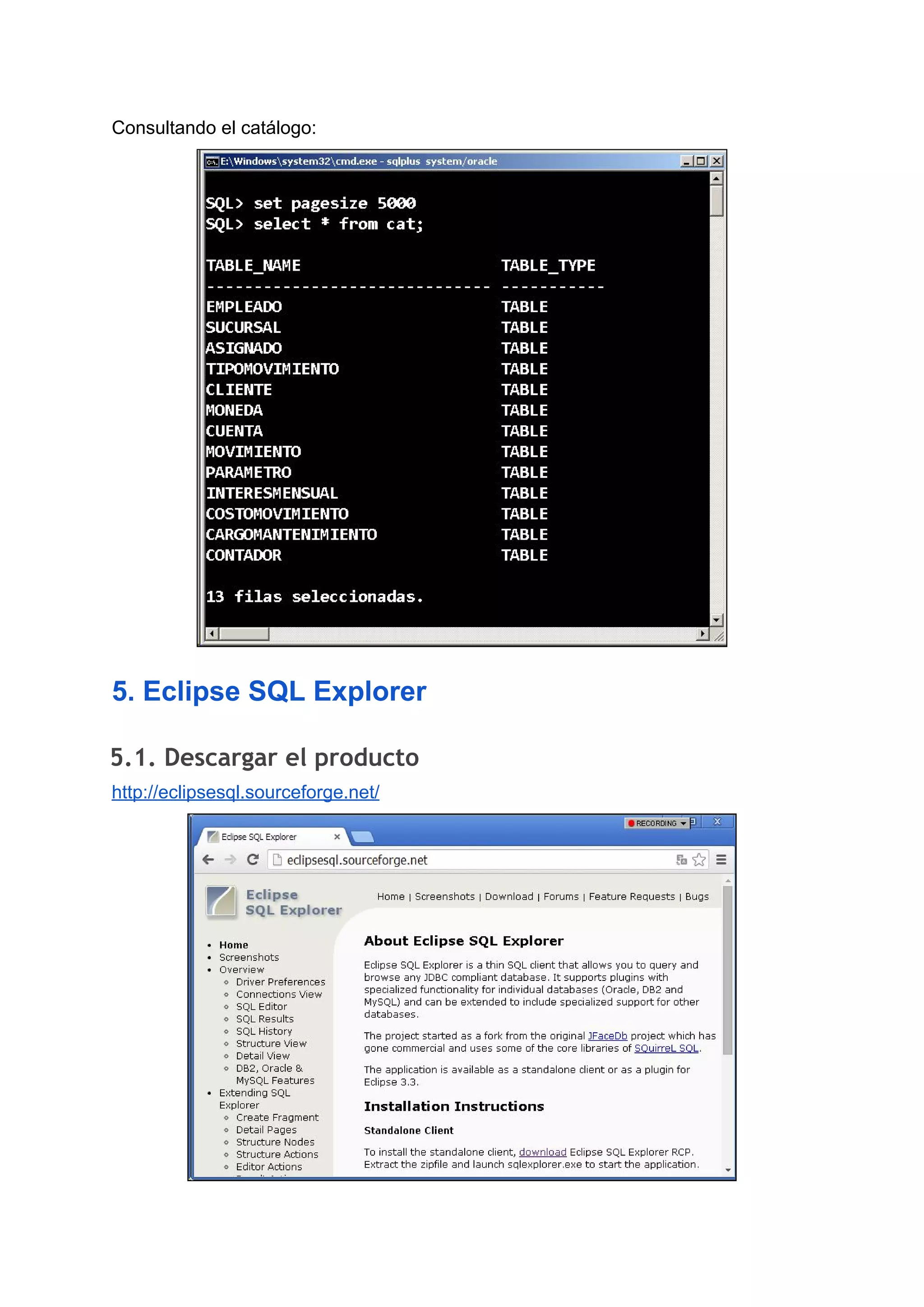 Consultando el catálogo:
5. Eclipse SQL Explorer
5.1. Descargar el producto 
http://eclipsesql.sourceforge.net/
 