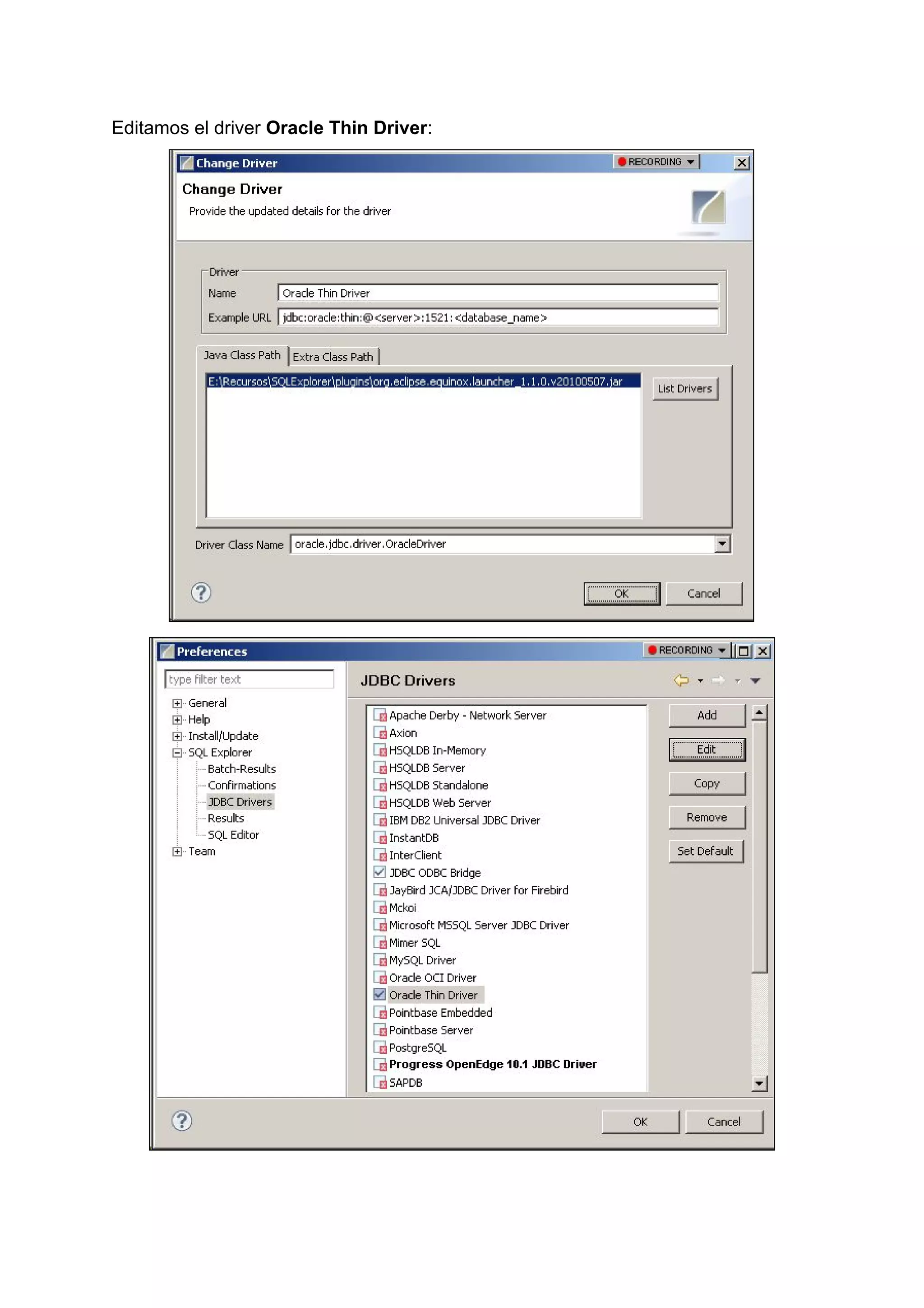 Editamos el driver ​Oracle Thin Driver​:
 