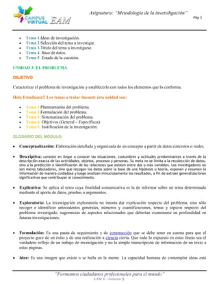 Asignatura: “Metodología de la invetsihgación”
                                                                                                               Pág 3




       Tema 1.Ideas de investigación.
       Tema 2.Selección del tema a investigar.
       Tema 3.Título del tema a investigarse.
       Tema 4. Base de datos.
       Tema 5. Estado de la cuestión.

UNIDAD 3: EL PROBLEMA

OBJETIVO

Caracterizar el problema de investigación y establecerlo con todos los elementos que lo conforma.

Hola Estudiante!! Los temas a tratar durante ésta unidad son:

       Tema 1.Planteamiento del problema.
       Tema 2.Formulación del problema.
       Tema 3. Sistematización del problema.
       Tema 4. Objetivos (General – Específicos).
       Tema 5. Justificación de la investigación.

GLOSARIO DEL MÓDULO:

   Conceptualización: Elaboración detallada y organizada de un concepto a partir de datos concretos o reales.

   Descriptiva: consiste en llegar a conocer las situaciones, costumbres y actitudes predominantes a través de la
   descripción exacta de las actividades, objetos, procesos y personas. Su meta no se limita a la recolección de datos,
   sino a la predicción e identificación de las relaciones que existen entre dos o más variables. Los investigadores no
   son meros tabuladores, sino que recogen los datos sobre la base de una hipótesis o teoría, exponen y resumen la
   información de manera cuidadosa y luego analizan minuciosamente los resultados, a fin de extraer generalizaciones
   significativas que contribuyan al conocimiento.

   Explicativa: Se aplica al texto cuya finalidad comunicativa es la de informar sobre un tema determinado
   mediante el aporte de datos, pruebas o argumentos.

   Exploratoria: La investigación exploratoria no intenta dar explicación respecto del problema, sino sólo
   recoger e identificar antecedentes generales, números y cuantificaciones, temas y tópicos respecto del
   problema investigado, sugerencias de aspectos relacionados que deberían examinarse en profundidad en
   futuras investigaciones.


   Formulación: Es una pauta de seguimiento y de construcción que se debe tener en cuenta para que el
   proyecto goce de un éxito y de una realización a ciencia cierta. Que todo lo expuesto en estas líneas sea el
   verdadero reflejo de un trabajo de investigación y no la simple transcripción de información de un texto a
   estas páginas.

   Idea: Es una imagen que existe o se halla en la mente. La capacidad humana de contemplar ideas está


                        “Formamos ciudadanos profesionales para el mundo”
                                                 EAM ® - Armenia Q.
 