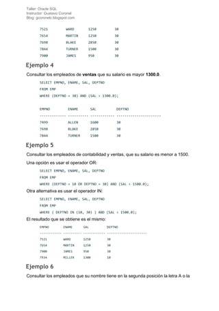 Taller: Oracle SQL
Instructor: Gustavo Coronel
Blog: gcoronelc.blogspot.com
7521 WARD 1250 30
7654 MARTIN 1250 30
7698 BLA...