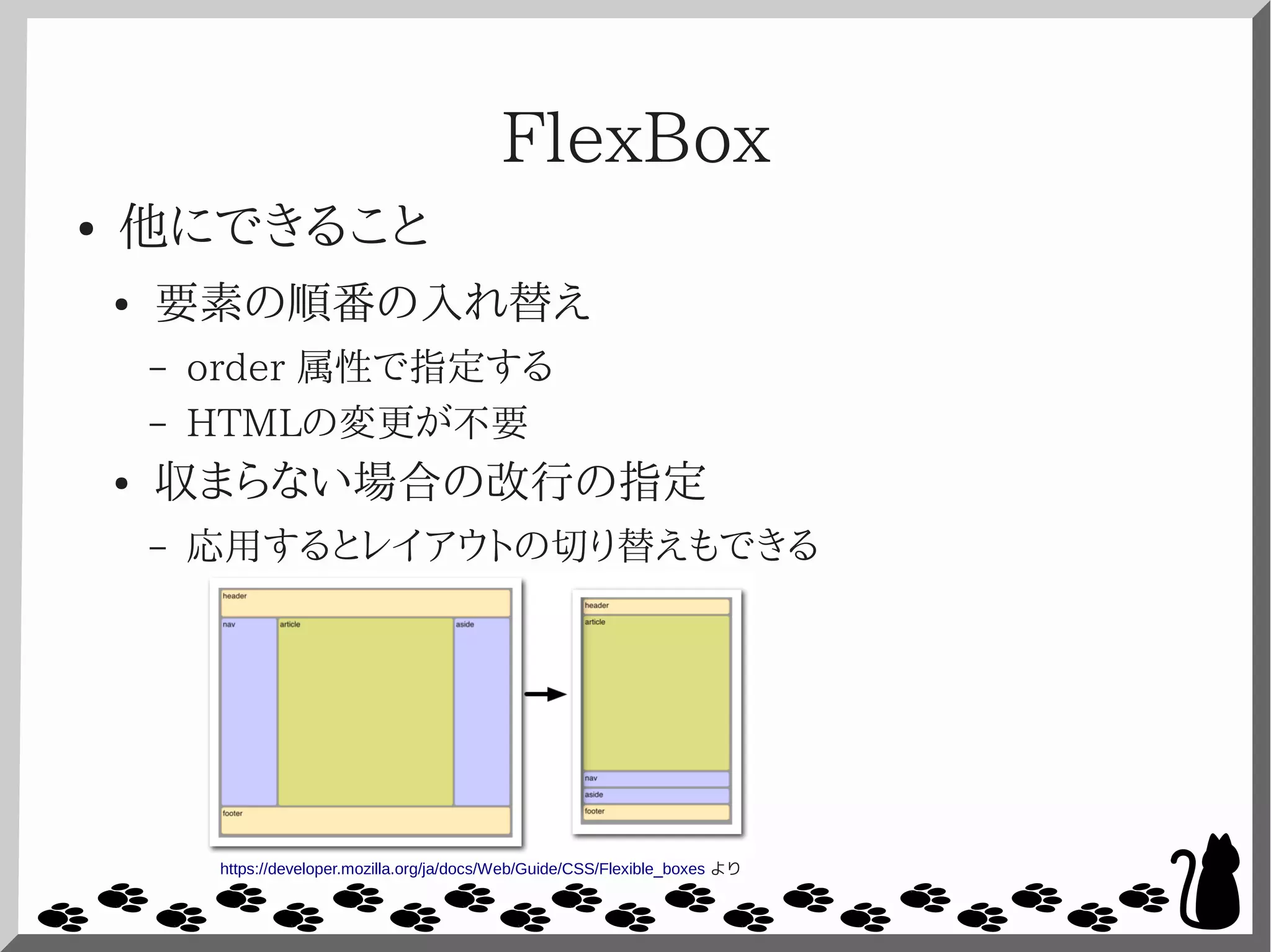 FlexBox
● 他にできること
● 要素の順番の入れ替え
– order 属性で指定する
– HTMLの変更が不要
● 収まらない場合の改行の指定
– 応用するとレイアウトの切り替えもできる
https://developer.mozilla.org/ja/docs/Web/Guide/CSS/Flexible_boxes より
 
