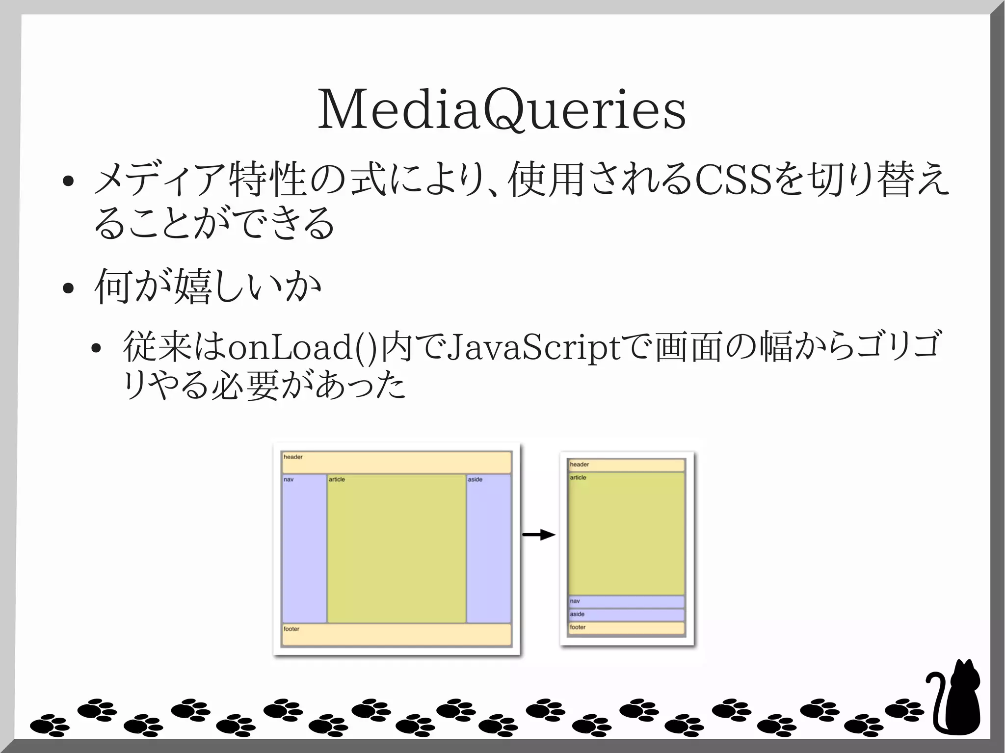 MediaQueries
● メディア特性の式により、使用されるCSSを切り替え
ることができる
● 何が嬉しいか
● 従来はonLoad()内でJavaScriptで画面の幅からゴリゴ
リやる必要があった
 