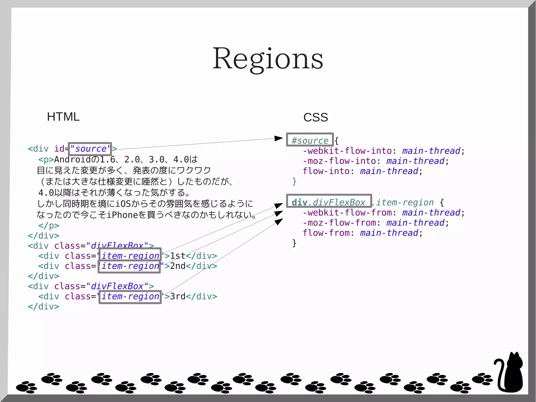 Regions
<div id="source">
<p>Androidの1.6、2.0、3.0、4.0は
目に見えた変更が多く、発表の度にワクワク
（または大きな仕様変更に唖然と）したものだが、
4.0以降はそれが薄くなった気がする。
しかし同時期を境にiOSからその雰囲気を感じるように
なったので今こそiPhoneを買うべきなのかもしれない。
</p>
</div>
<div class="divFlexBox">
<div class="item-region">1st</div>
<div class="item-region">2nd</div>
</div>
<div class="divFlexBox">
<div class="item-region">3rd</div>
</div>
#source {
-webkit-flow-into: main-thread;
-moz-flow-into: main-thread;
flow-into: main-thread;
}
div.divFlexBox .item-region {
-webkit-flow-from: main-thread;
-moz-flow-from: main-thread;
flow-from: main-thread;
}
CSSHTML
 