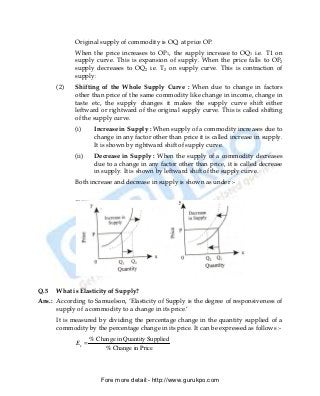 Original supply of commodity is OQ, at price OP.
             When the price increases to OP1, the supply increase to OQ1 i.e. T1 on
             supply curve. This is expansion of supply. When the price falls to OP2
             supply decreases to OQ2 i.e. T2 on supply curve. This is contraction of
             supply:
      (2)    Shifting of the Whole Supply Curve : When due to change in factors
             other than price of the same commodity like change in income, change in
             taste etc, the supply changes it makes the supply curve shift either
             leftward or rightward of the original supply curve. This is called shifting
             of the supply curve.
             (i)     Increase in Supply : When supply of a commodity increases due to
                     change in any factor other than price it is called increase in supply.
                     It is shown by rightward shift of supply curve.
             (ii)    Decrease in Supply : When the supply of a commodity decreases
                     due to a change in any factor other than price, it is called decrease
                     in supply. It is shown by leftward shift of the supply curve.
             Both increase and decrease in supply is shown as under :-




Q.5   What is Elasticity of Supply?
Ans.: According to Samuelson, ‘Elasticity of Supply is the degree of responsiveness of
      supply of a commodity to a change in its price.’
      It is measured by dividing the percentage change in the quantity supplied of a
      commodity by the percentage change in its price. It can be expressed as follows :-
                    % Change in Quantity Supplied
             Es =
                         % Change in Price




                        Fore more detail:- http://www.gurukpo.com


      PDF Created with deskPDF PDF Writer - Trial :: http://www.docudesk.com
 