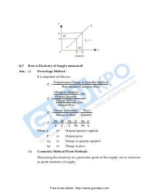 Q.7   How is Elasticity of Supply measured?
Ans.: (i)    Percentage Method :
             It is depicted of follows :
                           Proportionate Change in Quantity Supplied
                    Es =
                                 Proportionate Change in Price
                         Change in Quantity
                                             x100
                          Original Quantity
                    Es =
                          Change in Price
                                           x100
                           Original Price
                           Change in Quantity    Price
                    Es =                      x
                            Change in Price     Quantity
                           ∆q ∆p ∆q p ∆q p
                    Es =     ÷   =  x  =  x
                           q   p   q ∆p ∆p q
             Where q        =>     Original quantity supplied
                    P       =>     Original price
                    ∆q      =>     Change in quantity supplied
                    ∆p      =>     Change in price
      (ii)   Geometric Method (Point Method) :
             Measuring the elasticity at a particular point of the supply curve is known
             as point elasticity of supply.




                        Fore more detail:- http://www.gurukpo.com


      PDF Created with deskPDF PDF Writer - Trial :: http://www.docudesk.com
 