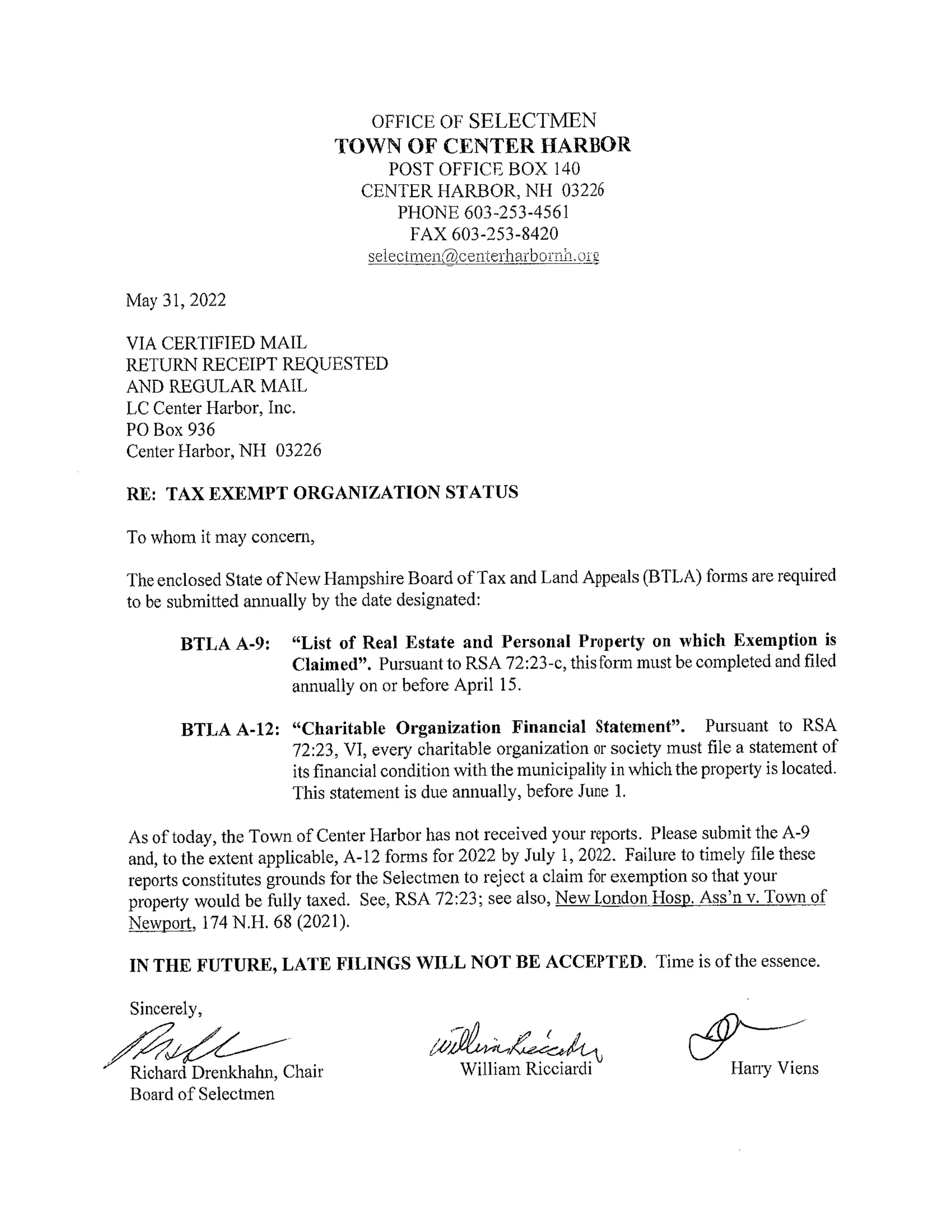 Town of Center Harbor, NH Makes Formal Request For Legionaries of