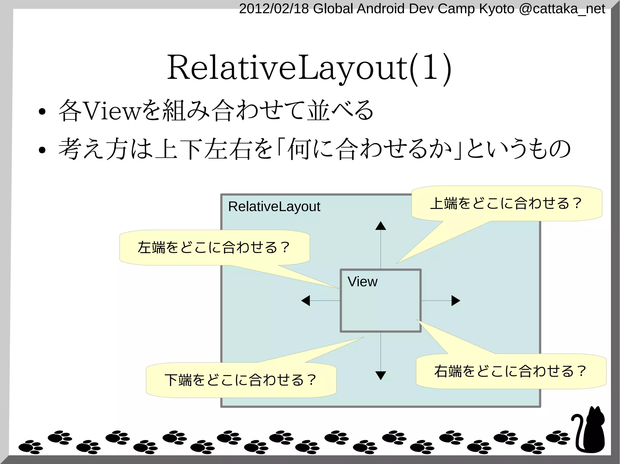 2012/02/18 Global Android Dev Camp Kyoto @cattaka_net



         RelativeLayout(1)
●   各Viewを組み合わせて並べる
●   考え方は上下左右を「何に合わせるか」というもの

             RelativeLayout              上端をどこに合わせる？


       左端をどこに合わせる？

                              View




                                          右端をどこに合わせる？
         下端をどこに合わせる？
 