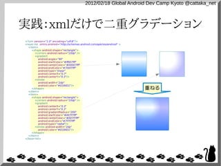 2012/02/18 Global Android Dev Camp Kyoto @cattaka_net



実践：xmlだけで二重グラデーション
<?xml version="1.0" encoding="utf-8"?>
<layer-list xmlns:android="http://schemas.android.com/apk/res/android" >
  <item>
     <shape android:shape="rectangle">
        <corners android:radius="10dp" />
        <gradient
           android:angle="90"
           android:startColor="#ff007fff"
           android:centerColor="#00007fff"
           android:endColor="#700f7fff"
           android:type="linear"
           android:centerX="0.7"
           android:centerY="0.3"/>
        <stroke
           android:width="2dp"
           android:color="#0184D1"/>
     </shape>                                                              重ねる
  </item>
  <item>
     <shape android:shape="rectangle">
        <corners android:radius="10dp" />
        <gradient
           android:centerX="0.3"
           android:centerY="0.3"
           android:gradientRadius="200"
           android:startColor="#007f7fff"
           android:centerColor="#007f7fff"
           android:endColor="#7f7f7fff"
           android:type="radial"/>
        <stroke android:width="2dp"
           android:color="#0184D1"/>
     </shape>
  </item>
</layer-list>
 