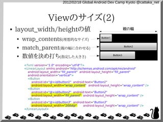2012/02/18 Global Android Dev Camp Kyoto @cattaka_net



                       Viewのサイズ(2)
●   layout_width/heightの値                                              親の幅

    ●   wrap_contents(理想的なサイズ)
    ●   match_parent(親の幅に合わせる)
    ●   数値を決め打ち(指定した大きさ)
        <?xml version="1.0" encoding="utf-8"?>
        <LinearLayout xmlns:android="http://schemas.android.com/apk/res/android"
          android:layout_width="fill_parent" android:layout_height="fill_parent"
          android:orientation="vertical">
          <Button
             android:id="@+id/button1" android:text="Button1"
             android:layout_width="wrap_content" android:layout_height="wrap_content" />
          <Button
             android:id="@+id/button2" android:text="Button2"
             android:layout_width="fill_parent" android:layout_height="wrap_content" />
          <Button
             android:id="@+id/button3" android:text="Button3"
             android:layout_width="200dip"      android:layout_height="wrap_content" />
        </LinearLayout>
 