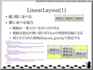 2012/02/18 Global Android Dev Camp Kyoto @cattaka_net



                                           LinearLayout(1)
 ●     縦/横に並べる
 ●     横に並べる場合
         ●     縦幅は一番大きいものに合わせる
         ●     横幅は指定が無い限り各Viewの理想的な幅になる
         ●     割り当てられた領域はlayout_gravityで指定する
<LinearLayout
  android:id="@+id/linearLayout1"
  android:layout_width="wrap_content" android:layout_height="wrap_content" >
  <Button
     android:id="@+id/button1"
     android:layout_width="wrap_content" android:layout_height="wrap_content"
     android:text="ボタン1" android:layout_gravity="top"
     />
  <Button
     android:id="@+id/button2"
     android:layout_width="wrap_content" android:layout_height="wrap_content"
     android:layout_gravity="center_vertical"
     android:text="ボタン2
ボタン2
ボタン2" />
  <Button
     android:id="@+id/button3"
     android:layout_width="wrap_content" android:layout_height="wrap_content"
     android:text="ボタン3" android:layout_gravity="bottom"
     />
</LinearLayout>
 