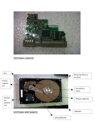 SISTEMA LOGICO
bus
Brazos de lectura y
escritura
Imanes
magneti-
cos
Eje central o
motor
Entrada
Pelicula magnetica
de
alimenta
cion
cabezales
SISTEMA MECANICO
preamplificador
