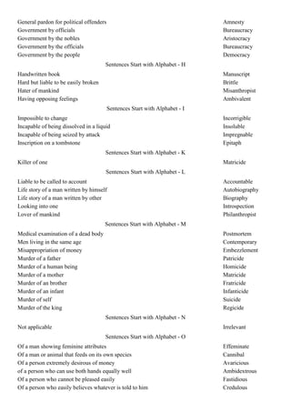 General pardon for political offenders                                       Amnesty
Government by officials                                                      Bureaucracy
Government by the nobles                                                     Aristocracy
Government by the officials                                                  Bureaucracy
Government by the people                                                     Democracy
                                      Sentences Start with Alphabet - H
Handwritten book                                                             Manuscript
Hard but liable to be easily broken                                          Brittle
Hater of mankind                                                             Misanthropist
Having opposing feelings                                                     Ambivalent
                                         Sentences Start with Alphabet - I
Impossible to change                                                         Incorrigible
Incapable of being dissolved in a liquid                                     Insoluble
Incapable of being seized by attack                                          Impregnable
Inscription on a tombstone                                                   Epitaph
                                      Sentences Start with Alphabet - K
Killer of one                                                                Matricide
                                      Sentences Start with Alphabet - L
Liable to be called to account                                               Accountable
Life story of a man written by himself                                       Autobiography
Life story of a man written by other                                         Biography
Looking into one                                                             Introspection
Lover of mankind                                                             Philanthropist
                                      Sentences Start with Alphabet - M
Medical examination of a dead body                                           Postmortem
Men living in the same age                                                   Contemporary
Misappropriation of money                                                    Embezzlement
Murder of a father                                                           Patricide
Murder of a human being                                                      Homicide
Murder of a mother                                                           Matricide
Murder of an brother                                                         Fratricide
Murder of an infant                                                          Infanticide
Murder of self                                                               Suicide
Murder of the king                                                           Regicide
                                      Sentences Start with Alphabet - N
Not applicable                                                               Irrelevant
                                      Sentences Start with Alphabet - O
Of a man showing feminine attributes                                         Effeminate
Of a man or animal that feeds on its own species                             Cannibal
Of a person extremely desirous of money                                      Avaricious
of a person who can use both hands equally well                              Ambidextrous
Of a person who cannot be pleased easily                                     Fastidious
Of a person who easily believes whatever is told to him                      Credulous
 