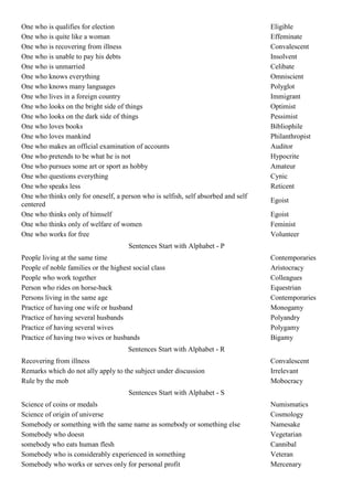 One who is qualifies for election                                                  Eligible
One who is quite like a woman                                                      Effeminate
One who is recovering from illness                                                 Convalescent
One who is unable to pay his debts                                                 Insolvent
One who is unmarried                                                               Celibate
One who knows everything                                                           Omniscient
One who knows many languages                                                       Polyglot
One who lives in a foreign country                                                 Immigrant
One who looks on the bright side of things                                         Optimist
One who looks on the dark side of things                                           Pessimist
One who loves books                                                                Bibliophile
One who loves mankind                                                              Philanthropist
One who makes an official examination of accounts                                  Auditor
One who pretends to be what he is not                                              Hypocrite
One who pursues some art or sport as hobby                                         Amateur
One who questions everything                                                       Cynic
One who speaks less                                                                Reticent
One who thinks only for oneself, a person who is selfish, self absorbed and self
                                                                                   Egoist
centered
One who thinks only of himself                                                     Egoist
One who thinks only of welfare of women                                            Feminist
One who works for free                                                             Volunteer
                                      Sentences Start with Alphabet - P
People living at the same time                                                     Contemporaries
People of noble families or the highest social class                               Aristocracy
People who work together                                                           Colleagues
Person who rides on horse-back                                                     Equestrian
Persons living in the same age                                                     Contemporaries
Practice of having one wife or husband                                             Monogamy
Practice of having several husbands                                                Polyandry
Practice of having several wives                                                   Polygamy
Practice of having two wives or husbands                                           Bigamy
                                      Sentences Start with Alphabet - R
Recovering from illness                                                            Convalescent
Remarks which do not ally apply to the subject under discussion                    Irrelevant
Rule by the mob                                                                    Mobocracy
                                      Sentences Start with Alphabet - S
Science of coins or medals                                                         Numismatics
Science of origin of universe                                                      Cosmology
Somebody or something with the same name as somebody or something else             Namesake
Somebody who doesn                                                                 Vegetarian
somebody who eats human flesh                                                      Cannibal
Somebody who is considerably experienced in something                              Veteran
Somebody who works or serves only for personal profit                              Mercenary
 