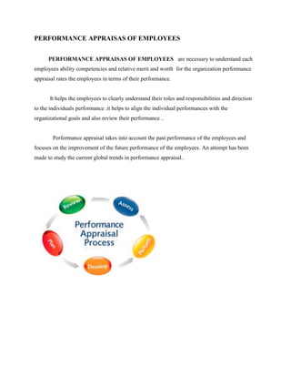 PERFORMANCE APPRAISAS OF EMPLOYEES
PERFORMANCE APPRAISAS OF EMPLOYEES are necessary to understand each
employees ability competencies and relative merit and worth for the organization performance
appraisal rates the employees in terms of their performance.
It helps the employees to clearly understand their roles and responsibilities and direction
to the individuals performance .it helps to align the individual performances with the
organizational goals and also review their performance ..
Performance appraisal takes into account the past performance of the employees and
focuses on the improvement of the future performance of the employees. An attempt has been
made to study the current global trends in performance appraisal..
 