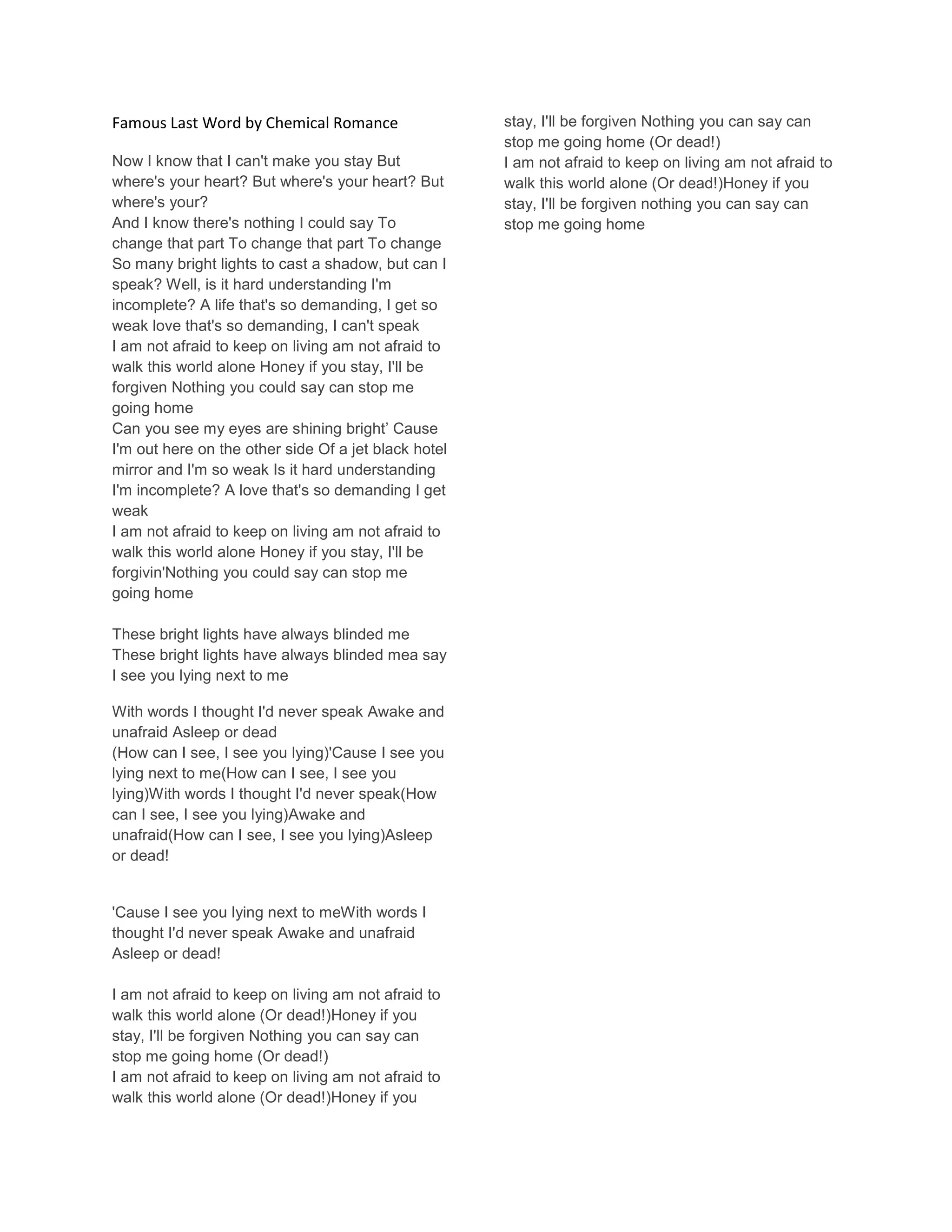 Famous Last Words One In The Chamber Lyrics Famous Last word Lyrics | PDF