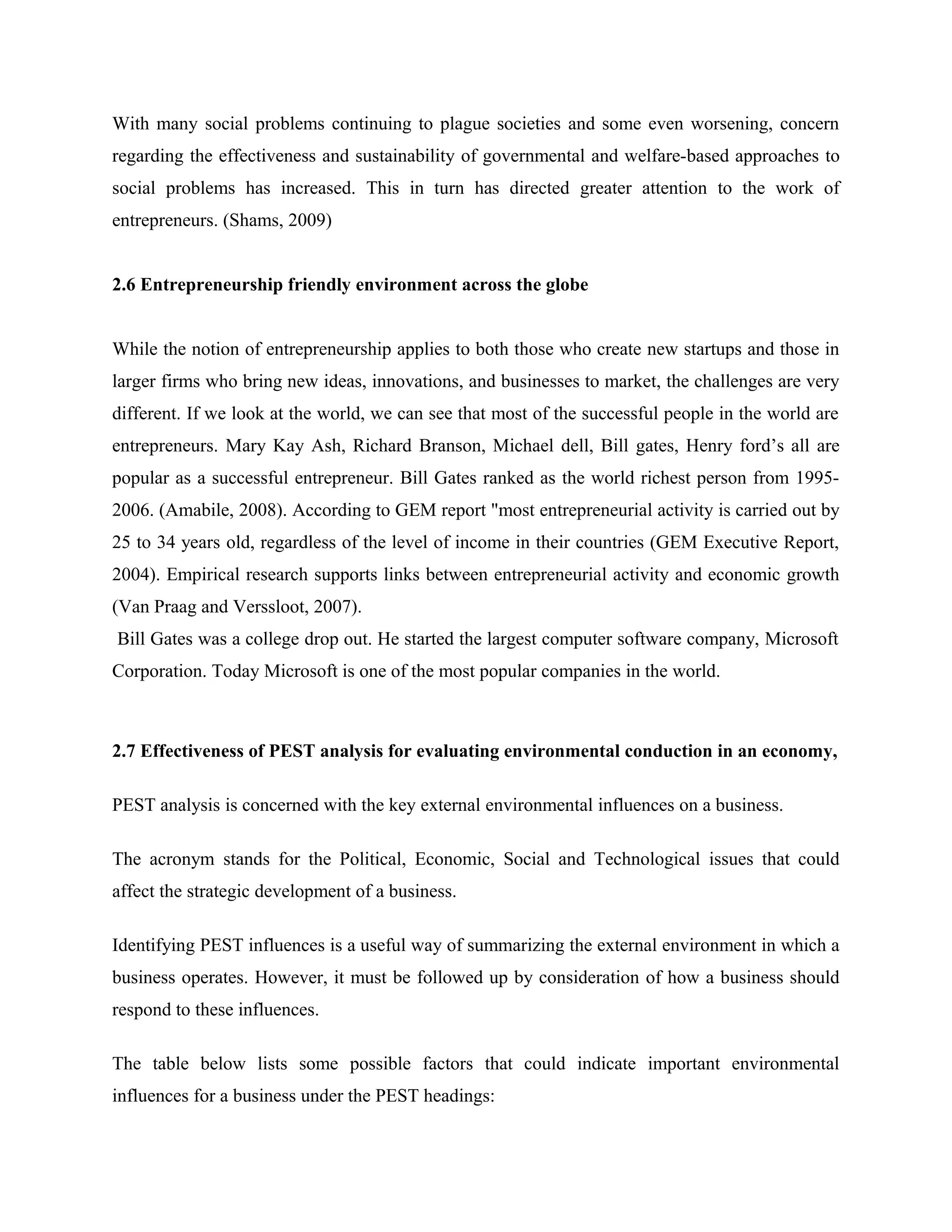 With many social problems continuing to plague societies and some even worsening, concern
regarding the effectiveness and sustainability of governmental and welfare-based approaches to
social problems has increased. This in turn has directed greater attention to the work of
entrepreneurs. (Shams, 2009)
2.6 Entrepreneurship friendly environment across the globe
While the notion of entrepreneurship applies to both those who create new startups and those in
larger firms who bring new ideas, innovations, and businesses to market, the challenges are very
different. If we look at the world, we can see that most of the successful people in the world are
entrepreneurs. Mary Kay Ash, Richard Branson, Michael dell, Bill gates, Henry ford’s all are
popular as a successful entrepreneur. Bill Gates ranked as the world richest person from 19952006. (Amabile, 2008). According to GEM report "most entrepreneurial activity is carried out by
25 to 34 years old, regardless of the level of income in their countries (GEM Executive Report,
2004). Empirical research supports links between entrepreneurial activity and economic growth
(Van Praag and Verssloot, 2007).
Bill Gates was a college drop out. He started the largest computer software company, Microsoft
Corporation. Today Microsoft is one of the most popular companies in the world.

2.7 Effectiveness of PEST analysis for evaluating environmental conduction in an economy,
PEST analysis is concerned with the key external environmental influences on a business.
The acronym stands for the Political, Economic, Social and Technological issues that could
affect the strategic development of a business.
Identifying PEST influences is a useful way of summarizing the external environment in which a
business operates. However, it must be followed up by consideration of how a business should
respond to these influences.
The table below lists some possible factors that could indicate important environmental
influences for a business under the PEST headings:

 