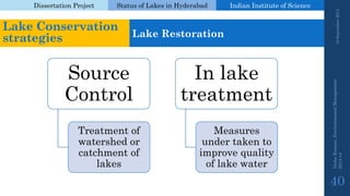 Dissertation Project 
Status of Lakes in Hyderabad 
Indian Instituteof Science 
19 September 2014 
Nisha Kumari, Environmental Management 
2013-14 
40 
Lake Conservation strategies 
Lake Restoration 
Source Control 
Treatment of watershed or catchment of lakes 
In lake treatment 
Measures under taken to improve quality of lake water  