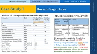 Dissertation Project 
Status of Lakes in Hyderabad 
Indian Instituteof Science 
19 September 2014 
Nisha Kumari, Environmental Management 
2013-14 
54 
Standard Vs. Existing water quality of Hussain SagarLake 
Parameter 
Units 
Standard/Prescribed Limit (Class-B, CPCB) 
Existing Quality 
pH 
6.5-8.5 
7.4 
Colour 
Hazen Unit 
< 300 
50 
Turbidity 
NTU 
41 
Dissolved Oxygen (DO) 
mg/l 
> 5 
2.3 
Total Nitrogen (TN) 
mg/l 
14 
Total Phosphorus (TP) 
mg/l 
2 
Suspended Solids 
mg/l 
< 50 
52 
Volatile Suspension 
mg/l 
Chemical Oxygen Demand (COD) 
mg/l 
90 
Biological Oxygen Demand (BOD) 
mg/l 
< 3 
30 
Total Coliform 
(MPN/100ml) 
< 500 
>1600 
Faecal Coliform 
(MPN/100ml) 
< 200 
Fluorine (as F) 
mg/l 
< 1.5 
Arsenic (as As) 
mg/l 
< 0.2 
Source: BudhaPurnimaProject, Hyderabad 
Case Study I 
Hussain SagarLake 
MAJOR SOURCE OF POLLUTION 
NalasenteringHussainSagarLake 
No. 
Name 
Domesticsewage 
4 
Balkapur,Banjara, Kukatpally,Picket 
ToxicIndustrialChemicals 
1 
Kukatpally 
MunicipalsolidWaste(MSW) 
4 
Balkapur,Banjara, Kukatpally,Picket 
The quantum of sewage flowing through these Nalasto lake are approximately 150 MLD 
AmountofSewagetreatedthrough3STPslocatedinBalkapur,KukatpallyandPicketis55MLD 
The sewage water is treated by these 3 STPs under HCIPand treated water is released into the lake to maintain the lake water to the desired level  