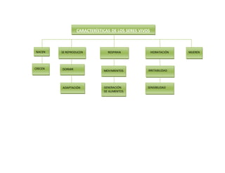CARACTERÍSTICAS DE LOS SERES VIVOS
NACEN
CRECEN
RESPIRANSE REPRODUCEN MUEREN
SENSIBILIDAD
HIDRATACIÓN
DORMIR MOVIMIENTOS
GENERACIÓN
DE ALIMENTOS
ADAPTACIÓN
IRRITABILIDAD
