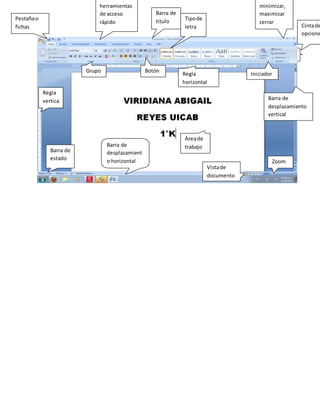 Pestaña o 
fichas 
Barra de 
titulo 
Regla 
vertica 
l 
Barra de 
estado 
Barras de 
herramientas 
de acceso 
rápido 
Área de 
trabajo 
Grupo 
Barra de 
desplazamient 
o horizontal 
Botón 
Regla 
horizontal 
Botones 
minimizar, 
maximizar 
cerrar 
Iniciador 
Barra de 
desplazamiento 
vertical 
Zoom 
Cinta de 
opciones 
Vista de 
documento 
Tipo de 
letra 
