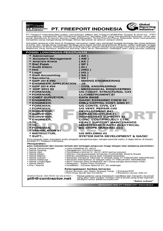 Lowongan Kerja Staff Administrasi Pt Freeport Indonesia