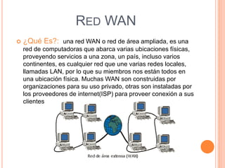 RED WAN
 ¿Qué Es?: una red WAN o red de área ampliada, es una
red de computadoras que abarca varias ubicaciones físicas,
proveyendo servicios a una zona, un país, incluso varios
continentes, es cualquier red que une varias redes locales,
llamadas LAN, por lo que su miembros nos están todos en
una ubicación física. Muchas WAN son construidas por
organizaciones para su uso privado, otras son instaladas por
los proveedores de internet(ISP) para proveer conexión a sus
clientes
 