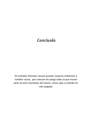 Conclusão
Os incêndios florestais causam grandes impactos ambientais e
também sociais, pois colocam em perigo todos os que moram
perto da área incendiada até mesmo, meses após o incêndio ter
sido apagado.
 
