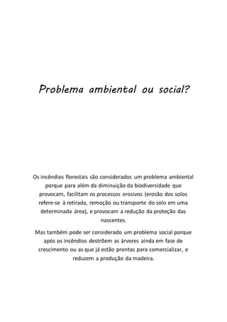 Problema ambiental ou social?
Os incêndios florestais são considerados um problema ambiental
porque para além da diminuição da biodiversidade que
provocam, facilitam os processos erosivos (erosão dos solos
refere-se à retirada, remoção ou transporte do solo em uma
determinada área), e provocam a redução da proteção das
nascentes.
Mas também pode ser considerado um problema social porque
após os incêndios destrõem as árvores ainda em fase de
crescimento ou as que já estão prontas para comercializar, e
reduzem a produção da madeira.
 