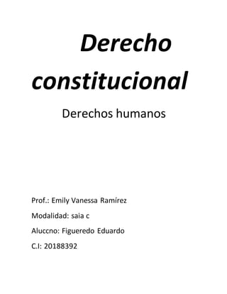Derecho
constitucional
Derechos humanos
Prof.: Emily Vanessa Ramírez
Modalidad: saia c
Aluccno: Figueredo Eduardo
C.I: 20188392
 