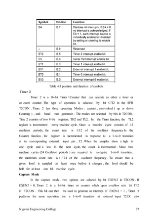Nigama Engineering College 27
Table 4.3 position and function of symbols
Timer 2
Timer 2 is a 16-bit Timer / Counter that can operate as either a timer or
an event counter. The type of operation is selected by bit C/T2 in the SFR
T2CON . Timer 2 has three operating Modes : capture , auto-reload ( up or down
Counting ) , and baud rate generator . The modes are selected by bits in T2CON.
Time 2 consists of two 8-bit registers, TH2 and TL2. In the Timer function, the TL2
register is incremented every machine cycle. Since a machine cycle consists of 12
oscillator periods, the count rate is 1/12 of the oscillator frequency.In the
Counter function , the register is incremented in response to a 1-to-0 transition
at its corresponding external input pin , T2 .When the samples show a high in
one cycle and a low in the next cycle, the count is incremented . Since two
machine cycles (24 Oscillator periods ) are required to recognize 1-to-0 transition ,
the maximum count rate is 1 / 24 of the oscillator frequency . To ensure that a
given level is sampled at least once before it changes , the level should be
held for at least one full machine cycle.
Capture Mode
In the capture mode , two options are selected by bit EXEN2 in T2CON . If
EXEN2 = 0, Timer 2 is a 16-bit timer or counter which upon overflow sets bit TF2
in T2CON . This bit can then be used to generate an interrupt. If EXEN2 = 1 , Timer 2
performs the same operation , but a 1-to-0 transition at external input T2EX also
 