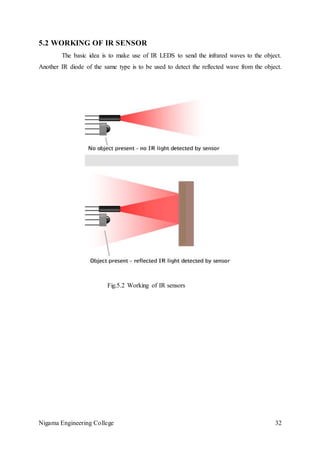 Nigama Engineering College 32
5.2 WORKING OF IR SENSOR
The basic idea is to make use of IR LEDS to send the infrared waves to the object.
Another IR diode of the same type is to be used to detect the reflected wave from the object.
Fig.5.2 Working of IR sensors
 