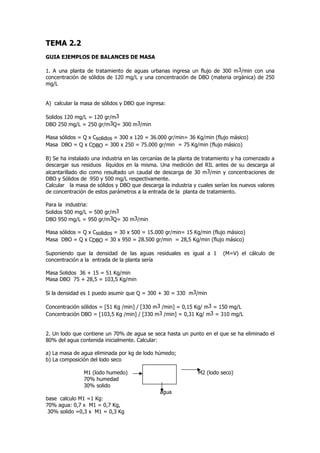 TEMA 2.2
GUIA EJEMPLOS DE BALANCES DE MASA
1. A una planta de tratamiento de aguas urbanas ingresa un flujo de 300 m3/min con una
concentración de sólidos de 120 mg/L y una concentración de DBO (materia orgánica) de 250
mg/L
A) calcular la masa de sólidos y DBO que ingresa:
Solidos 120 mg/L = 120 gr/m3
DBO 250 mg/L = 250 gr/m3Q= 300 m3/min
Masa sólidos = Q x Csolidos = 300 x 120 = 36.000 gr/min= 36 Kg/min (flujo másico)
Masa DBO = Q x CDBO = 300 x 250 = 75.000 gr/min = 75 Kg/min (flujo másico)
B) Se ha instalado una industria en las cercanías de la planta de tratamiento y ha comenzado a
descargar sus residuos líquidos en la misma. Una medición del RIL antes de su descarga al
alcantarillado dio como resultado un caudal de descarga de 30 m3/min y concentraciones de
DBO y Sólidos de 950 y 500 mg/L respectivamente.
Calcular la masa de sólidos y DBO que descarga la industria y cuales serían los nuevos valores
de concentración de estos parámetros a la entrada de la planta de tratamiento.
Para la industria:
Solidos 500 mg/L = 500 gr/m3
DBO 950 mg/L = 950 gr/m3Q= 30 m3/min
Masa sólidos = Q x Csolidos = 30 x 500 = 15.000 gr/min= 15 Kg/min (flujo másico)
Masa DBO = Q x CDBO = 30 x 950 = 28.500 gr/min = 28,5 Kg/min (flujo másico)
Suponiendo que la densidad de las aguas residuales es igual a 1 (M=V) el cálculo de
concentración a la entrada de la planta sería
Masa Solidos 36 + 15 = 51 Kg/min
Masa DBO 75 + 28,5 = 103,5 Kg/min
Si la densidad es 1 puedo asumir que Q = 300 + 30 = 330 m3/min
Concentración sólidos = [51 Kg /min] / [330 m3 /min] = 0,15 Kg/ m3 = 150 mg/L
Concentración DBO = [103,5 Kg /min] / [330 m3 /min] = 0,31 Kg/ m3 = 310 mg/L
2. Un lodo que contiene un 70% de agua se seca hasta un punto en el que se ha eliminado el
80% del agua contenida inicialmente. Calcular:
a) La masa de agua eliminada por kg de lodo húmedo;
b) La composición del lodo seco
M1 (lodo humedo) M2 (lodo seco)
70% humedad
30% solido
agua
base calculo M1 =1 Kg:
70% agua: 0,7 x M1 = 0,7 Kg,
30% solido =0,3 x M1 = 0,3 Kg
 