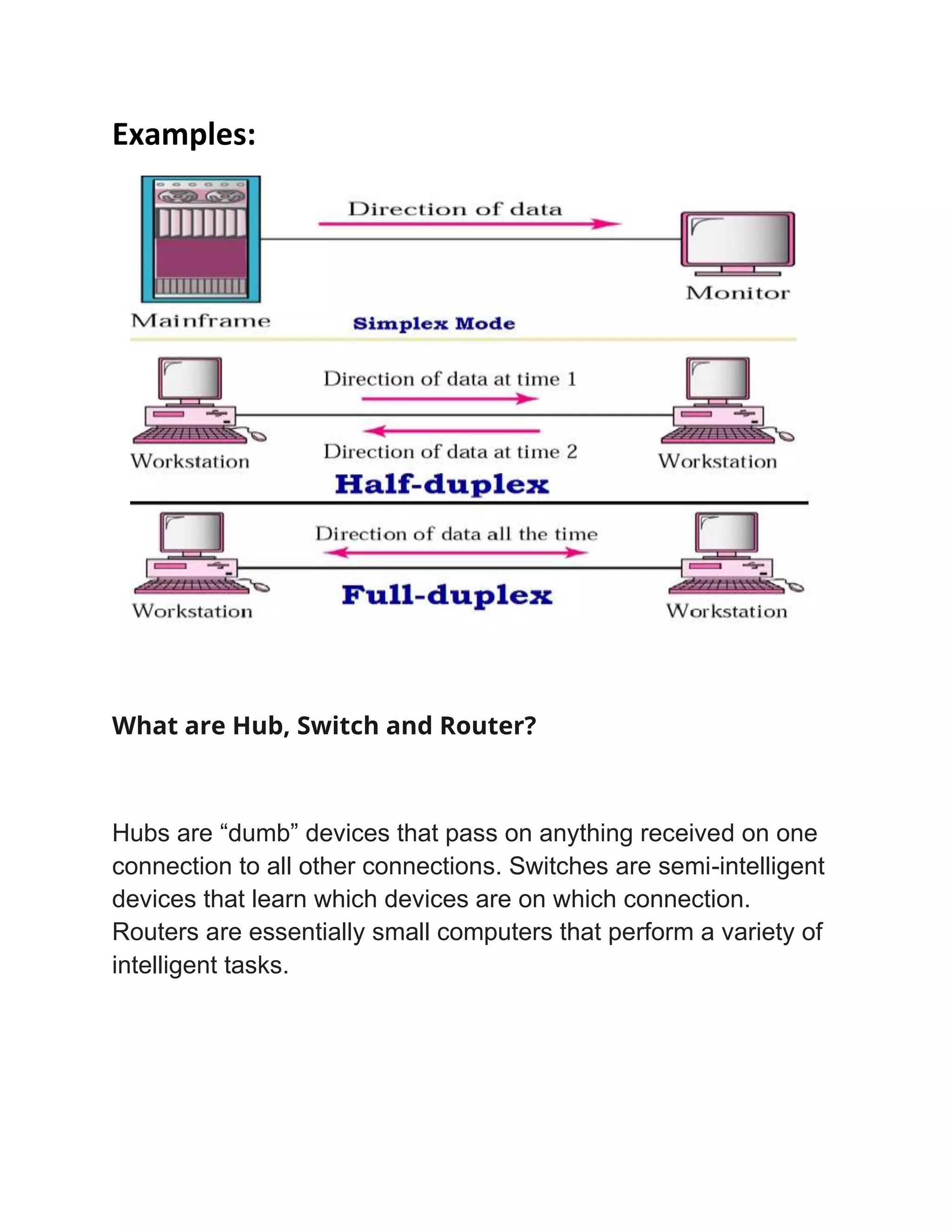 Examples:
What are Hub, Switch and Router?
Hubs are “dumb” devices that pass on anything received on one
connection to all other connections. Switches are semi-intelligent
devices that learn which devices are on which connection.
Routers are essentially small computers that perform a variety of
intelligent tasks.
 
