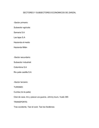 SECTORES Y SUBSECTORES ECONOMICOS DE ZARZAL




-Sector primario:

Subsector agrícola:

Samaria S.A

Las lajas S.A

Hacienda el medio

Hacienda Milán




-Sector secundario:

Subsector industrial:

Colombina S.A

Rio paila castilla S.A




-Sector terciario:

TURISMO:

Cumba (rio la paila)

Club de caza, tiro y pesca Los guaros, Johnny tours, Vuelo 365

TRANSPORTE:

Tras occidente, Taxi el cocli, Taxi los farallones
 