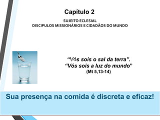 “Vós sois o sal da terra”.
“Vós sois a luz do mundo”
(Mt 5,13-14)
Capítulo 2
Sua presença na comida é discreta e eficaz!
Sujeito Eclesial: Discípulos Missionários e
Cidadãos do Mundo
SUJEITO ECLESIAL
DISCIPULOS MISSIONÁRIOS E CIDADÃOS DO MUNDO
 