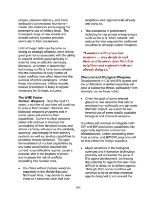 100
ranges, precision delivery, and more
destructive conventional munitions—
create circumstances encouraging the
preemptive use of military force. The
increased range of new missile and
aircraft delivery systems provides
sanctuary to their possessors.
Until strategic defenses become as
strong as strategic offenses, there will be
great premiums associated with the ability
to expand conflicts geographically in
order to deny an attacker sanctuary.
Moreover, a number of recent high-
technology conflicts have demonstrated
that the outcomes of early battles of
major conflicts most often determine the
success of entire campaigns. Under
these circumstances, military experts
believe preemption is likely to appear
necessary for strategic success.
The WMD Factor
Nuclear Weapons. Over the next 15
years, a number of countries will continue
to pursue their nuclear, chemical, and
biological weapons programs and in
some cases will enhance their
capabilities. Current nuclear weapons
states will continue to improve the
survivability of their deterrent forces and
almost certainly will improve the reliability,
accuracy, and lethality of their delivery
systems as well as develop capabilities to
penetrate missile defenses. The open
demonstration of nuclear capabilities by
any state would further discredit the
current nonproliferation regime, cause a
possible shift in the balance of power,
and increase the risk of conflicts
escalating into nuclear ones.
• Countries without nuclear weapons,
especially in the Middle East and
Northeast Asia, may decide to seek
them as it becomes clear that their
neighbors and regional rivals already
are doing so.
• The assistance of proliferators,
including former private entrepreneurs
such as the A.Q. Khan network, will
reduce the time required for additional
countries to develop nuclear weapons.
“Countries without nuclear
weapons … may decide to seek
them as it becomes clear that their
neighbors and regional rivals are
already doing so.”
Chemical and Biological Weapons.
Developments in CW and BW agents and
the proliferation of related expertise will
pose a substantial threat, particularly from
terrorists, as we have noted.
• Given the goal of some terrorist
groups to use weapons that can be
employed surreptitiously and generate
dramatic impact, we expect to see
terrorist use of some readily available
biological and chemical weapons.
Countries will continue to integrate both
CW and BW production capabilities into
apparently legitimate commercial
infrastructures, further concealing them
from scrutiny, and BW/CW programs will
be less reliant on foreign suppliers.
• Major advances in the biological
sciences and information technology
probably will accelerate the pace of
BW agent development, increasing
the potential for agents that are more
difficult to detect or to defend against.
Through 2020 some countries will
continue to try to develop chemical
agents designed to circumvent the
 