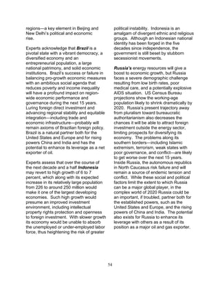 54
regions—a key element in Beijing and
New Delhi’s political and economic
rise.
Experts acknowledge that Brazil is a
pivotal state with a vibrant democracy, a
diversified economy and an
entrepreneurial population, a large
national patrimony, and solid economic
institutions. Brazil’s success or failure in
balancing pro-growth economic measures
with an ambitious social agenda that
reduces poverty and income inequality
will have a profound impact on region-
wide economic performance and
governance during the next 15 years.
Luring foreign direct investment and
advancing regional stability and equitable
integration—including trade and
economic infrastructure—probably will
remain axioms of Brazilian foreign policy.
Brazil is a natural partner both for the
United States and Europe and for rising
powers China and India and has the
potential to enhance its leverage as a net
exporter of oil.
Experts assess that over the course of
the next decade and a half Indonesia
may revert to high growth of 6 to 7
percent, which along with its expected
increase in its relatively large population
from 226 to around 250 million would
make it one of the largest developing
economies. Such high growth would
presume an improved investment
environment, including intellectual
property rights protection and openness
to foreign investment. With slower growth
its economy would be unable to absorb
the unemployed or under-employed labor
force, thus heightening the risk of greater
political instability. Indonesia is an
amalgam of divergent ethnic and religious
groups. Although an Indonesian national
identity has been forged in the five
decades since independence, the
government is still beset by stubborn
secessionist movements.
Russia’s energy resources will give a
boost to economic growth, but Russia
faces a severe demographic challenge
resulting from low birth rates, poor
medical care, and a potentially explosive
AIDS situation. US Census Bureau
projections show the working-age
population likely to shrink dramatically by
2020. Russia’s present trajectory away
from pluralism toward bureaucratic
authoritarianism also decreases the
chances it will be able to attract foreign
investment outside the energy sector,
limiting prospects for diversifying its
economy. The problems along its
southern borders—including Islamic
extremism, terrorism, weak states with
poor governance, and conflict—are likely
to get worse over the next 15 years.
Inside Russia, the autonomous republics
in North Caucasus risk failure and will
remain a source of endemic tension and
conflict. While these social and political
factors limit the extent to which Russia
can be a major global player, in the
complex world of 2020 Russia could be
an important, if troubled, partner both for
the established powers, such as the
United States and Europe, and the rising
powers of China and India. The potential
also exists for Russia to enhance its
leverage with others as a result of its
position as a major oil and gas exporter.
 