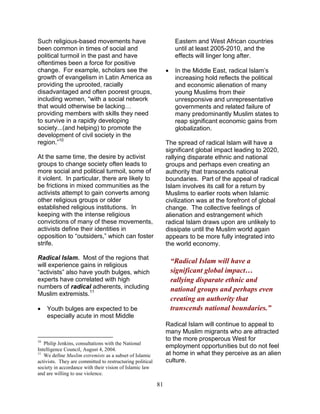 81
Such religious-based movements have
been common in times of social and
political turmoil in the past and have
oftentimes been a force for positive
change. For example, scholars see the
growth of evangelism in Latin America as
providing the uprooted, racially
disadvantaged and often poorest groups,
including women, “with a social network
that would otherwise be lacking…
providing members with skills they need
to survive in a rapidly developing
society...(and helping) to promote the
development of civil society in the
region.”10
At the same time, the desire by activist
groups to change society often leads to
more social and political turmoil, some of
it violent. In particular, there are likely to
be frictions in mixed communities as the
activists attempt to gain converts among
other religious groups or older
established religious institutions. In
keeping with the intense religious
convictions of many of these movements,
activists define their identities in
opposition to “outsiders,” which can foster
strife.
Radical Islam. Most of the regions that
will experience gains in religious
“activists” also have youth bulges, which
experts have correlated with high
numbers of radical adherents, including
Muslim extremists.11
• Youth bulges are expected to be
especially acute in most Middle
10
Philip Jenkins, consultations with the National
Intelligence Council, August 4, 2004.
11
We define Muslim extremists as a subset of Islamic
activists. They are committed to restructuring political
society in accordance with their vision of Islamic law
and are willing to use violence.
Eastern and West African countries
until at least 2005-2010, and the
effects will linger long after.
• In the Middle East, radical Islam’s
increasing hold reflects the political
and economic alienation of many
young Muslims from their
unresponsive and unrepresentative
governments and related failure of
many predominantly Muslim states to
reap significant economic gains from
globalization.
The spread of radical Islam will have a
significant global impact leading to 2020,
rallying disparate ethnic and national
groups and perhaps even creating an
authority that transcends national
boundaries. Part of the appeal of radical
Islam involves its call for a return by
Muslims to earlier roots when Islamic
civilization was at the forefront of global
change. The collective feelings of
alienation and estrangement which
radical Islam draws upon are unlikely to
dissipate until the Muslim world again
appears to be more fully integrated into
the world economy.
“Radical Islam will have a
significant global impact…
rallying disparate ethnic and
national groups and perhaps even
creating an authority that
transcends national boundaries.”
Radical Islam will continue to appeal to
many Muslim migrants who are attracted
to the more prosperous West for
employment opportunities but do not feel
at home in what they perceive as an alien
culture.
 