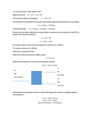 s, S: masa de soluto / masa materia inerte
Balance por soluto: 𝑠𝑓 + 𝑆𝑓 = 𝑠𝐷 + 𝑆𝐷
Conociendo los datos de la descarga 𝑓 = 𝑠𝐷 + 𝑆𝐷
Considerando la densidad de la leche igual a la densidad del agua para la realización de los cálculos
𝑓 = 6.5 Kg + 1.350 Kg
Volumen alimentado 𝑓 = 6.5 Kg + 1.350 Kg = 7.850 Kg
De acurdo con los datos obtenidos de la caja de leche se observa que la composición es del 50% de
solutos y 50 % agua de esta forma:
𝑓 = 𝑠𝐷 + 𝑆𝐷
𝑓 = 0.5𝑓 + 0.5𝑓
Por lo tanto se tiene la masa de soluto contenido en la leche es de:3.925 Kg
Y la masa de soluto es de: 3.925 Kg
Calculo de la concentracion final
Determinar el balance general de materia y soluto
:𝐹 = 𝐷 + 𝑊
Balance total de materia con respecto al componente de interes
:𝐹𝑥𝑓 = 𝐷𝑥𝑑 + 𝑊𝑥𝑤:
:
Considerando la composición inicial de le leche de 50% agua y 50% soluto y el destilado obtenido
como agua pura
𝐹𝑥𝑓 = 𝐷𝑥𝑑 + 𝑊𝑥𝑤
𝐹𝑥𝑓 = (0)+ 𝑊𝑥𝑤
(0.5)(7.850 𝐾𝑔) = (6.5 𝐾𝑔) 𝑥𝑤
D
Xd
Destilado
W
XW
Residuos
W
XW
Alimentación
 