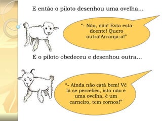 E então o piloto desenhou uma ovelha…
“- Não, não! Esta está
doente! Quero
outra!Arranja-a!”

E o piloto obedeceu e desenhou outra…

“- Ainda não está bem! Vê
lá se percebes, isto não é
uma ovelha, é um
carneiro, tem cornos!”

 