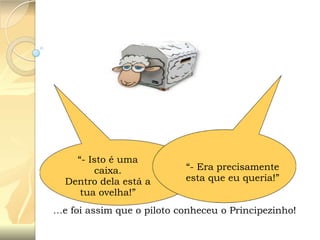 “- Isto é uma
caixa.
Dentro dela está a
tua ovelha!”

“- Era precisamente
esta que eu queria!”

…e foi assim que o piloto conheceu o Principezinho!

 