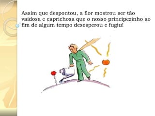 Assim que despontou, a flor mostrou ser tão
vaidosa e caprichosa que o nosso principezinho ao
fim de algum tempo desesperou e fugiu!

 